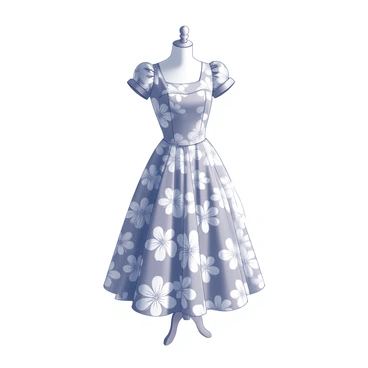 A dress form stands prominently in the center of the image. It showcases a 1950s inspired dress adorned with a detailed floral pattern that covers the entire fabric. The dress features a fitted bodice with a flared skirt that falls gracefully to the knee, accentuating the classic silhouette of the era. The sleeves are short and gently puffed, adding to the vintage charm of the dress. The fabric appears to be lightweight, draping elegantly over the dress form. The background is simple, allowing the dress and its intricate floral design to be the focal point of the composition.