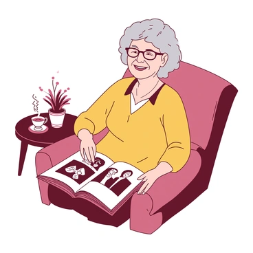 An elderly woman flipping through an old family photo album with a smile