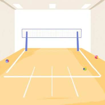 An empty indoor volleyball court with polished wooden floors and bright ceiling lights