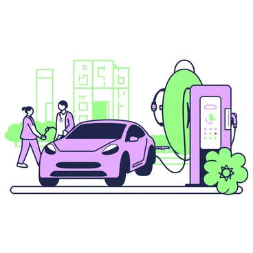 A stylish electric car is parked at a public charging station. The car features a sleek design with smooth curves and an aerodynamic shape. It has a prominent logo on the front hood. Connected to the car is a charging cable that leads to the charging station, which displays charging status indicators. Surrounding the charging station are green plants and a paved area. In the background, there are a few people walking by, and a modern building can be seen nearby.