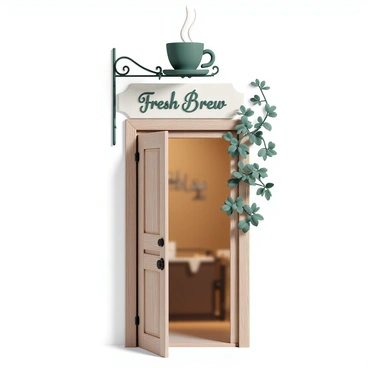 An old-fashioned coffee shop sign hanging over a rustic wooden door, adorned with vines.