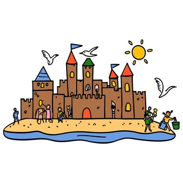 A beach scene with a village constructed entirely from intricately designed sandcastles. The sandcastles have tall towers, arched windows, and decorative shells. Tiny inhabitants, resembling small cartoon-like figures, are bustling around the village. Some are carrying tiny buckets and shovels, while others are interacting near the castle walls. The beach extends into the background, with gentle waves lapping against the shore, and seagulls flying above. The sun is shining brightly, casting warm light on the sandcastles and the tiny inhabitants.