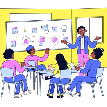 A classroom with brightly colored walls and simple furniture. In the front of the room, a teacher stands next to a whiteboard filled with clear, bold diagrams about savings accounts. The teacher gestures enthusiastically, wearing glasses and a friendly smile. Around the room, several eager students sit at their desks, actively listening and taking notes. Some students raise their hands, while others look thoughtfully at the teacher. Sunlight streams in through the windows, illuminating the scene.
