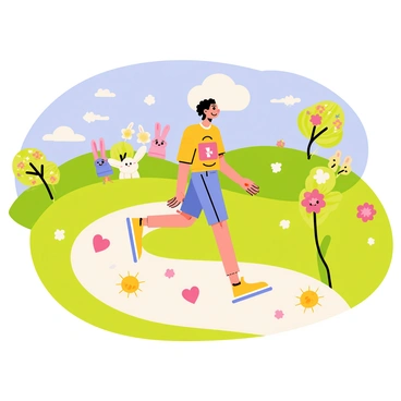 A character with a big smile wearing colorful clothes is walking on a winding path. The path is lined with various "happiness symbols," such as bright yellow suns, pink hearts, and smiling flowers. The landscape around the character is vibrant, filled with lush green hills, a bright blue sky, and fluffy white clouds. In the background, there are cheerful trees with multicolored leaves and playful animals such as rabbits and birds joining in the journey. The overall scene conveys a playful and joyful atmosphere.