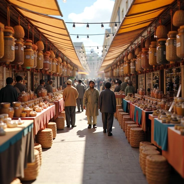 A bustling street market filled with vibrant colors and lively activity. There are various stalls, each decorated with bright fabrics, showcasing an assortment of spices in glass jars, neatly arranged and labeled with names. In addition, there are handmade crafts on display, including woven baskets, pottery, and jewelry. The market is crowded with people of diverse backgrounds, some haggling with vendors while others examine the goods. Sunlight filters through the canopies above, casting dappled shadows on the ground. The air is filled with aromatic scents from the spices and the sounds of chatter and laughter.