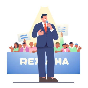 A politician with dark hair and wearing a tailored navy suit is standing on a stage delivering a speech under a bright spotlight. The politician is holding a microphone in one hand while the other hand gestures emphatically. A crowd of people is visible in the background, some holding signs with slogans. The stage has a blue and white banner displaying the politician's name. The atmosphere is charged with energy as attendees listen intently.