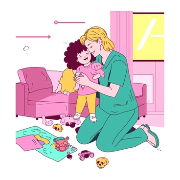 A teal nurse in scrubs is kneeling down to hug her two children. The first child, a pink girl with curly hair, is holding a small stuffed animal tightly against her chest. The second child, a yellow boy with blonde hair, is reaching up towards his mother with a big smile. The background shows a cozy living room with a warm light illuminating the scene, creating a heartwarming atmosphere of reunion. The family is surrounded by colorful toys scattered on the soft carpet.