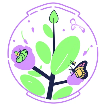 A circular illustration depicts the various life stages of a plant and an animal in balance. At the top, a small green seedling is shown with its first leaves emerging. Below, the seedling transitions into a mature plant with vibrant green foliage and a few purple flowers blooming. On the left side, a tiny animal, such as a green caterpillar, is perched on a leaf. Next to it, the caterpillar is shown transforming into a pupa, and then into a colorful butterfly. On the right side, the butterfly is seen resting on a purple flower while interacting with a honeybee that is buzzing nearby. The entire illustration is encircled with intricate green and purple outlines, enhancing the balance between the life stages of both the plant and the animal.