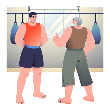 A muay thai fighter with a muscular build and short black hair is standing in a humble dojo, dressed in black shorts and a red training shirt. He has a focused expression on his face. In front of him, an elderly trainer with gray hair and a beard is passionately giving advice. The trainer is wearing a simple brown tank top and loose-fitting pants. The dojo features wooden floors and bare walls, with a few hanging heavy bags in the background. Natural light filters in from a window, casting soft shadows on the ground, creating an atmosphere of dedication and respect.