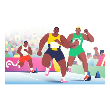 A photofinish moment captures Usain Bolt crossing the finish line in a burst of speed. He has a strong build and is wearing a bright yellow racing suit with black accents. His face shows intense concentration and determination. Close behind him are two competitors, one wearing a red uniform and the other in green, both expending their last ounce of energy as they stretch toward the finish line. The crowd in the background is a blur of excitement, with some spectators on their feet, cheering enthusiastically. The finish line banner is visible, showcasing the event’s logo and marking the end of the race.