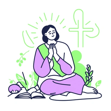 A disciple is seated in a tranquil setting, engaged in reflective prayer. The disciple has a serene expression, with closed eyes and hands clasped together in a gesture of contemplation. Around them, there are symbolic elements that represent Jesus's teachings, such as an open book resting on the ground beside them. Soft rays of light appear to illuminate the scene, creating a gentle focus on the disciple. In the background, a simple cross and a few olive branches can be seen, enhancing the spiritual atmosphere of the moment.