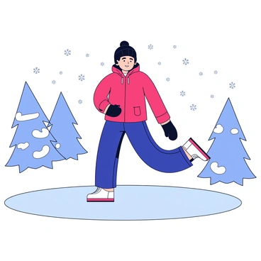 A person wearing a bright red winter jacket and dark blue snow pants is performing a calf stretch on a snowy path. They have on a black knitted hat and matching gloves. Snowflakes gently fall around them, creating a light dusting on the ground. The person is standing on one leg, bending the other leg behind them with their foot flexed. Pine trees scattered in the background are blanketed in white snow.
