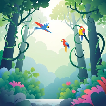 A lush tropical forest with dense greenery and towering trees fills the scene. Thick, winding vines hang from the branches, creating a natural tapestry. Brightly colored birds, including a vibrant blue parrot and a yellow canary, are soaring overhead, their wings spread wide as they navigate through the canopy. The forest floor is covered in a variety of plants, with large, broad leaves and patches of colorful flowers peeking through. Sunlight filters through the leaves, casting dappled shadows on the ground.