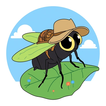 A cartoon-style fly with large, expressive eyes, vibrant green wings, and a shiny black body. The fly is equipped with a small brown backpack, securely fastened with colorful straps, and an adventurous explorer's hat perched atop its head. The hat is khaki in color with a wide brim, slightly tilted. The fly is positioned on a leaf, looking ready for exploration, with a backdrop of bright blue sky and fluffy white clouds. Small plants and flowers surround the base of the leaf, enhancing the adventurous setting.