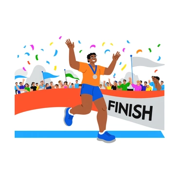 An athlete crossing the finish line with both arms raised in the air, showing a joyful expression on their face. The athlete is wearing a colorful sports uniform and a medal hanging around their neck. The finish line banner is prominently displayed, fluttering in the wind, with the words "FINISH" written in bold letters. A cheering crowd is visible in the background, with colorful confetti falling from the sky, adding to the celebratory atmosphere.