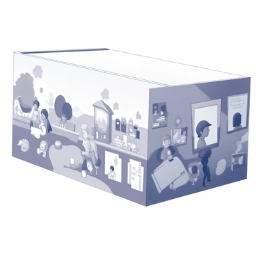 A school wall features a large mural. The mural tells a story through various scenes and characters. Children are depicted engaging in different activities, such as reading, playing sports, and exploring nature. Each section of the mural includes whimsical elements like animals, trees, and books, illustrating a vivid narrative. The artwork is designed to capture the attention of students and inspire creativity.