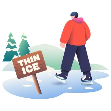 A skater with dark hair is wearing a bright red jacket and black pants, standing on a frozen lake. The skater has one foot slightly raised, showing hesitation as they prepare to glide. In the foreground, there is a weathered wooden sign that reads "Thin Ice" in bold white letters, positioned at an angle. The surface of the lake is glistening, reflecting soft light, and there are patches of snow along the edges where the ice meets the shoreline. In the background, tall pine trees are partially visible, their branches dusted with snow.