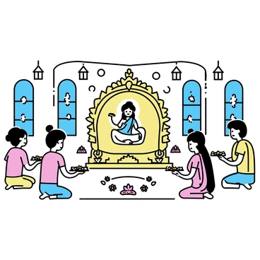 A temple interior, featuring an intricately carved altar where "Maveli" is prominently displayed. Surrounding Maveli, several devotees, both men and women, are kneeling in reverence. The men are wearing traditional dhotis and the women are adorned in colorful sarees. The temple is decorated with vibrant flowers and ornate hanging lanterns. Soft light filters through stained glass windows, casting patterns on the floor. The atmosphere is filled with devotion as devotees hold plates with offerings, their expressions focused and respectful.