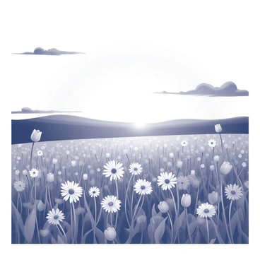 A wide field filled with various types of flowers, including daisies and tulips. The flowers are swaying gently in the breeze, and they cover the ground in a dense and vibrant blanket. In the background, a horizon line where the sun is setting can be seen, casting elongated shadows across the landscape. The sky features a gradient transitioning from light to dark, creating a striking contrast against the flowers. A few fluffy clouds are scattered across the sky, catching subtle highlights from the setting sun. The overall composition captures the beauty of nature in a tranquil moment.