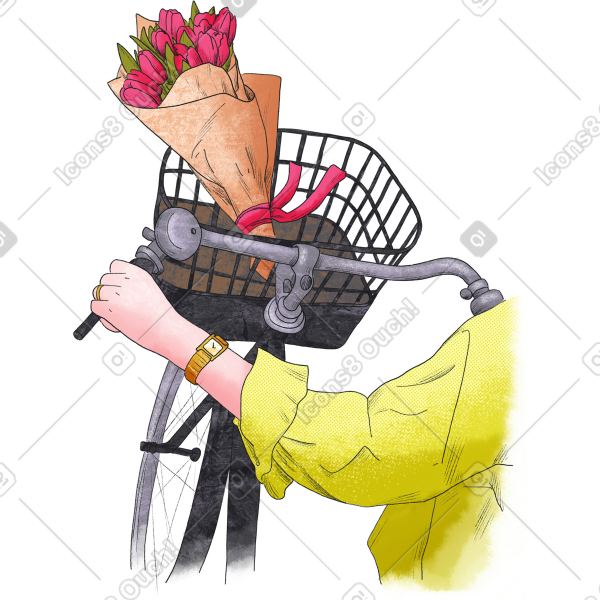 Braccio con una parte di bicicletta e un mazzo fiori illustrazione in stile Moments scarica in PNG, SVG
