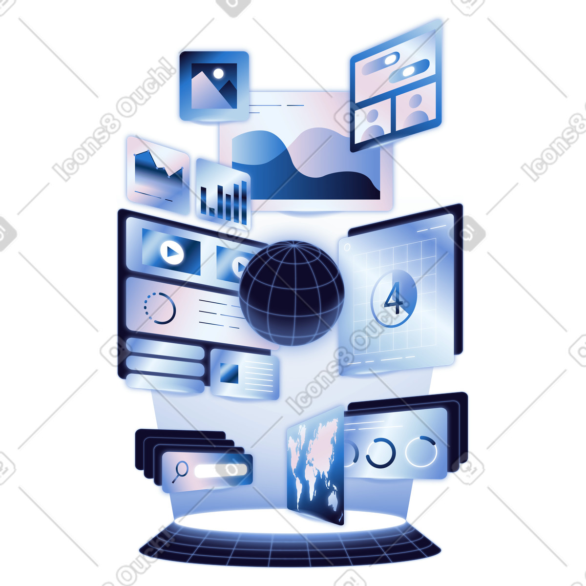 Ilustração de Digital workspace with floating data dashboards and internet globe em no estilo Dimension para baixar em PNG, SVG