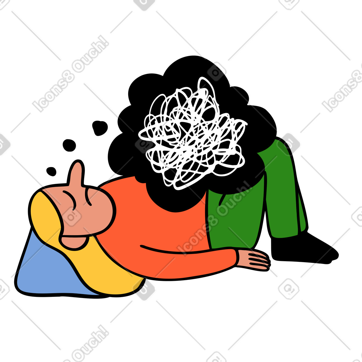 Liegende frau mit traurigen gedanken-Illustration im Comic-Stil als Download in PNG, SVG