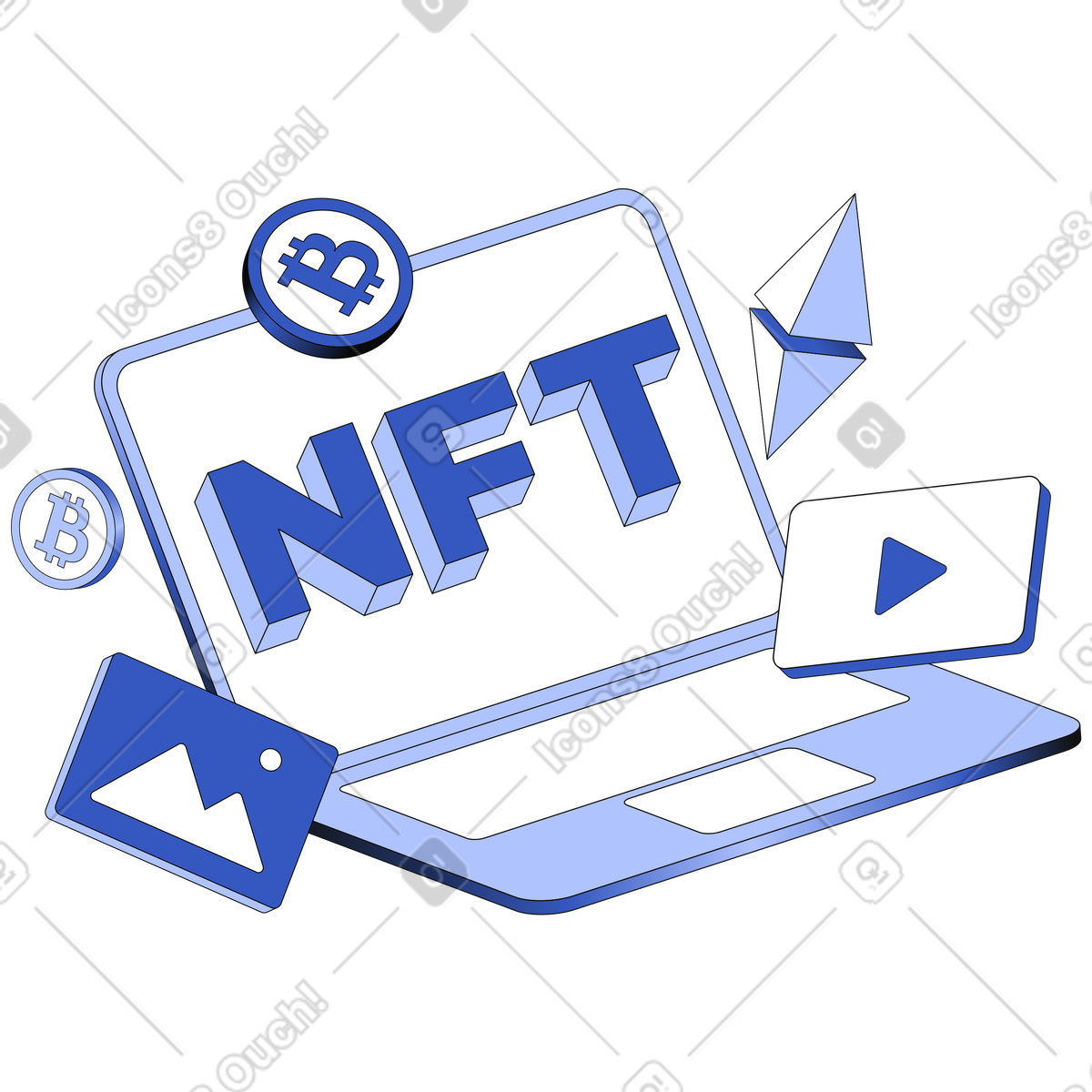 Lettering NFT with cryptocurrency, bitcoin and pictures icon text illustration in PNG, SVG
