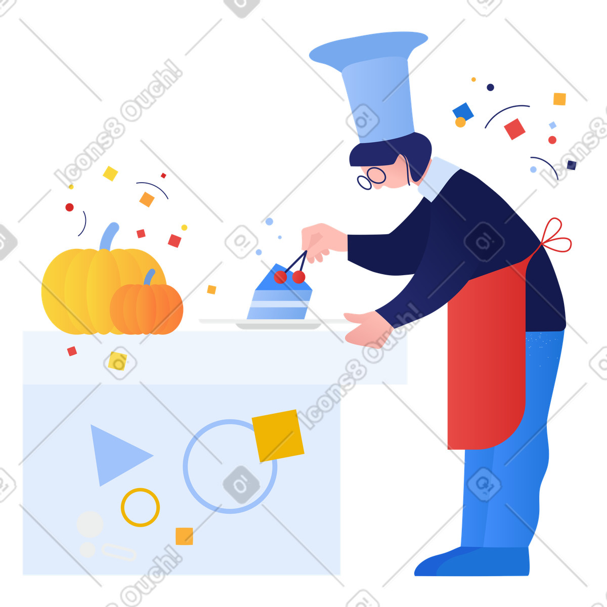 Illustration Cuisinier préparant un gâteau d'automne avec des citrouilles dans le style Clip à télécharger aux formats PNG, SVG