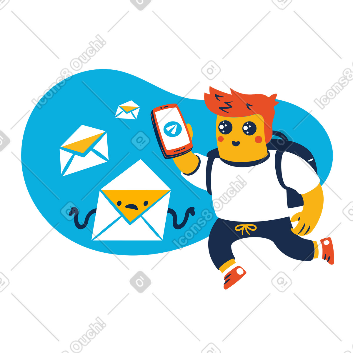 Ilustración Hombre enviando mensajes de correo electrónico desde su teléfono en estilo Flame a descargar en PNG y SVG