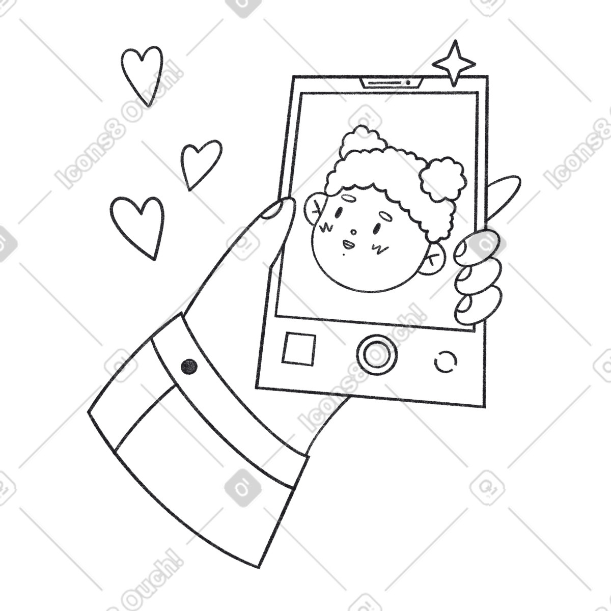 Ilustração de Selfie on smartphone screen with cute expression, Online profile update em no estilo Bonbon Line para baixar em PNG, SVG