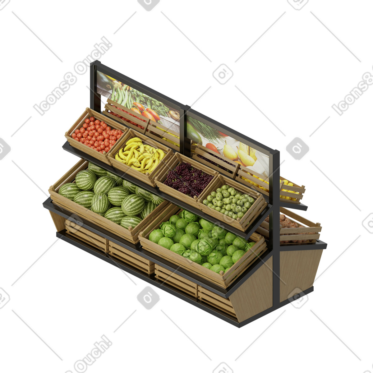 Isometric rack with fruits and vegetables illustration in 3D Rooms style download in PNG, SVG