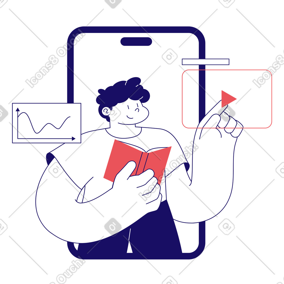Young man studying something and watching a video animated illustration in Bendy style download in GIF, Lottie (JSON), AE