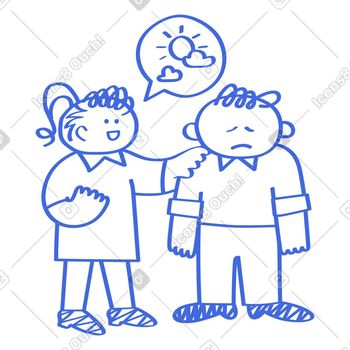 Ilustración Encouragement conversation between happy character and upset friend about positivity en estilo Ballpoint Pen a descargar en PNG y SVG