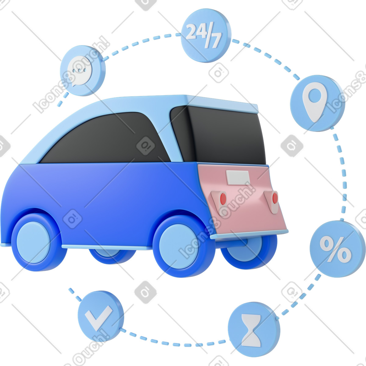 Car with delivery process icons, Express logistics and shipping workflow animated illustration in 3D Editorial style download in GIF, Lottie (JSON), AE