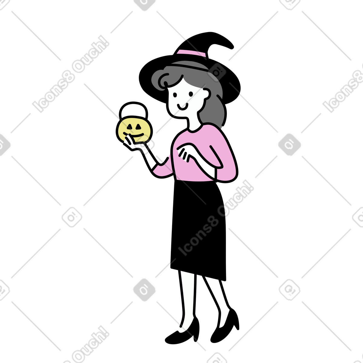Illustration Femme en costume de sorcière avec un panier citrouilles à la main dans le style Mochi télécharger aux formats PNG, SVG