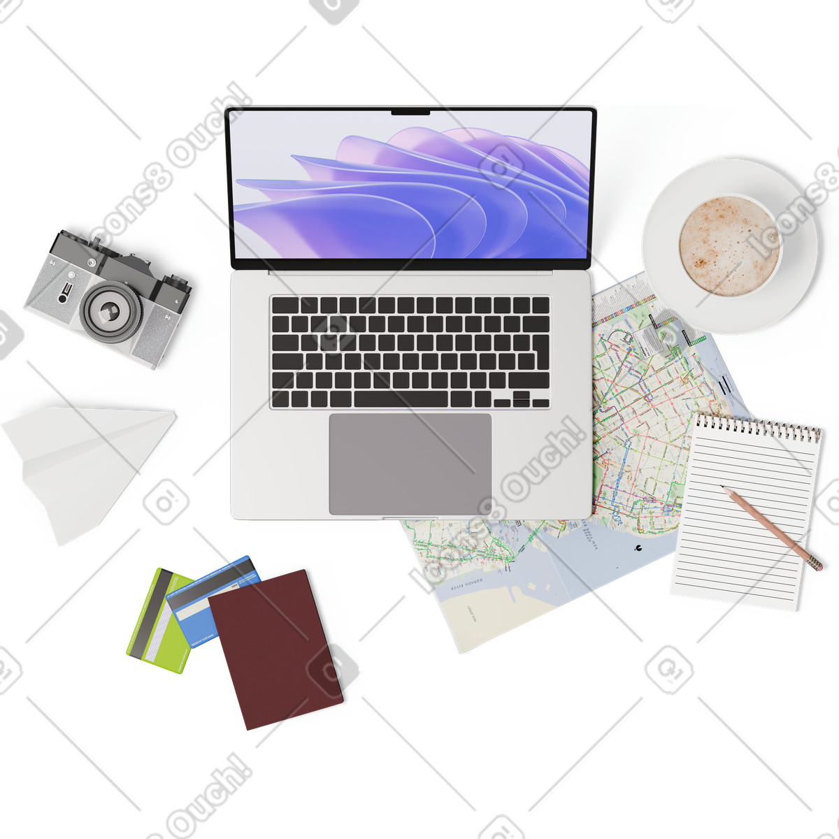 Vista dall'alto di laptop, mappa, fotocamera, passaporto, carte credito e notebook illustrazione in stile 3D Hygge scarica in PNG, SVG