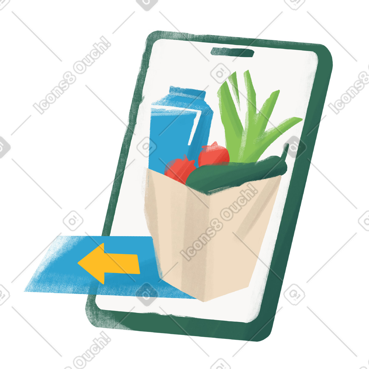 Illustration Commander et livrer des courses via smartphone dans le style Experimental à télécharger aux formats PNG, SVG