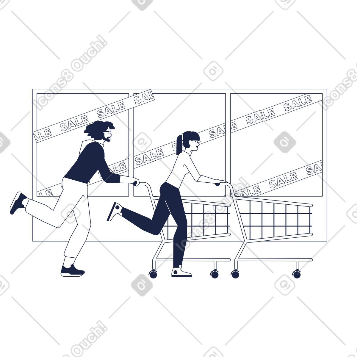 Illustration Un homme et une femme courent vers les soldes du black friday dans le style Urban Line à télécharger aux formats PNG, SVG