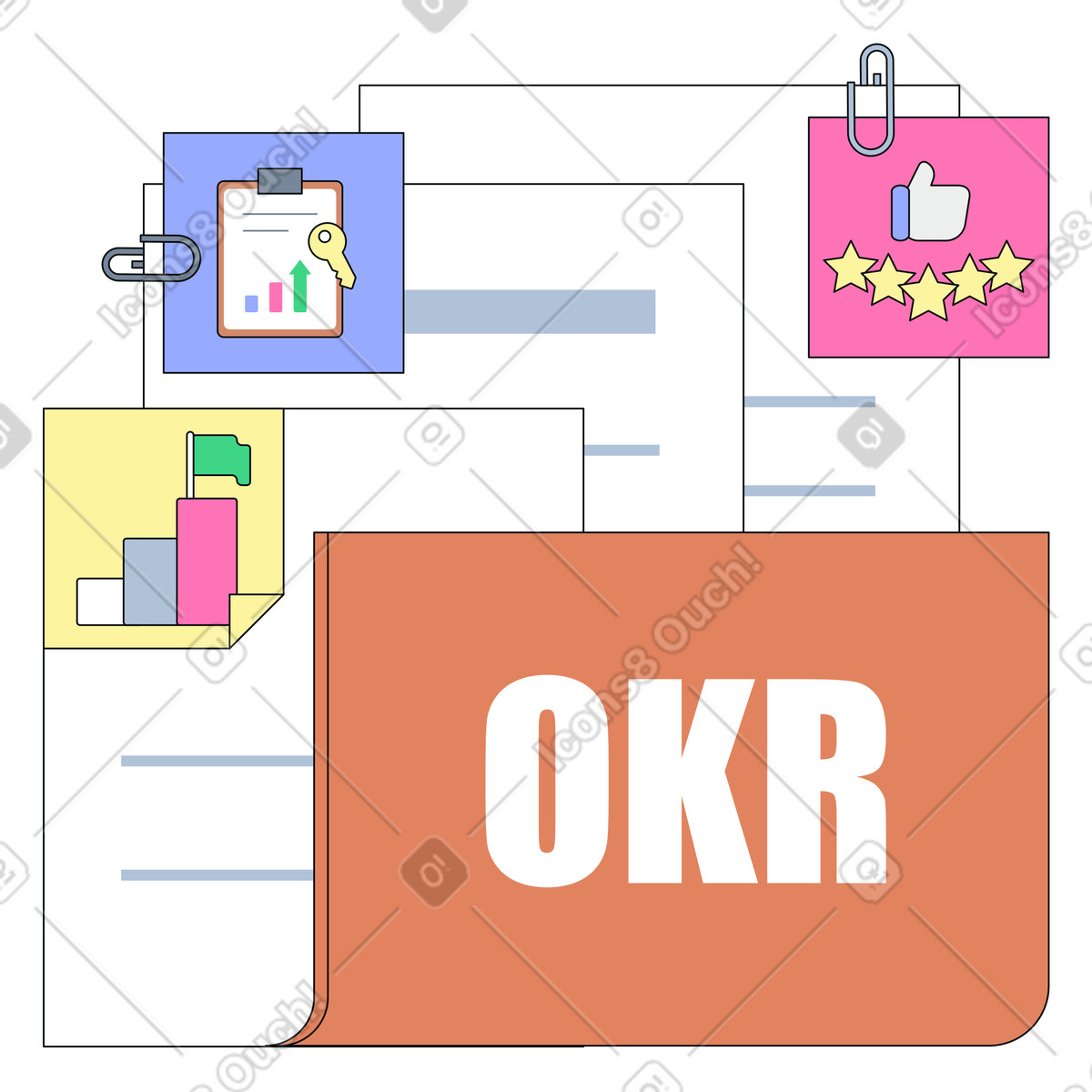 OKR documentation and progress tracking, Organized objective and key results filing, Business goals dashboard archive illustration in Teko style download in PNG, SVG