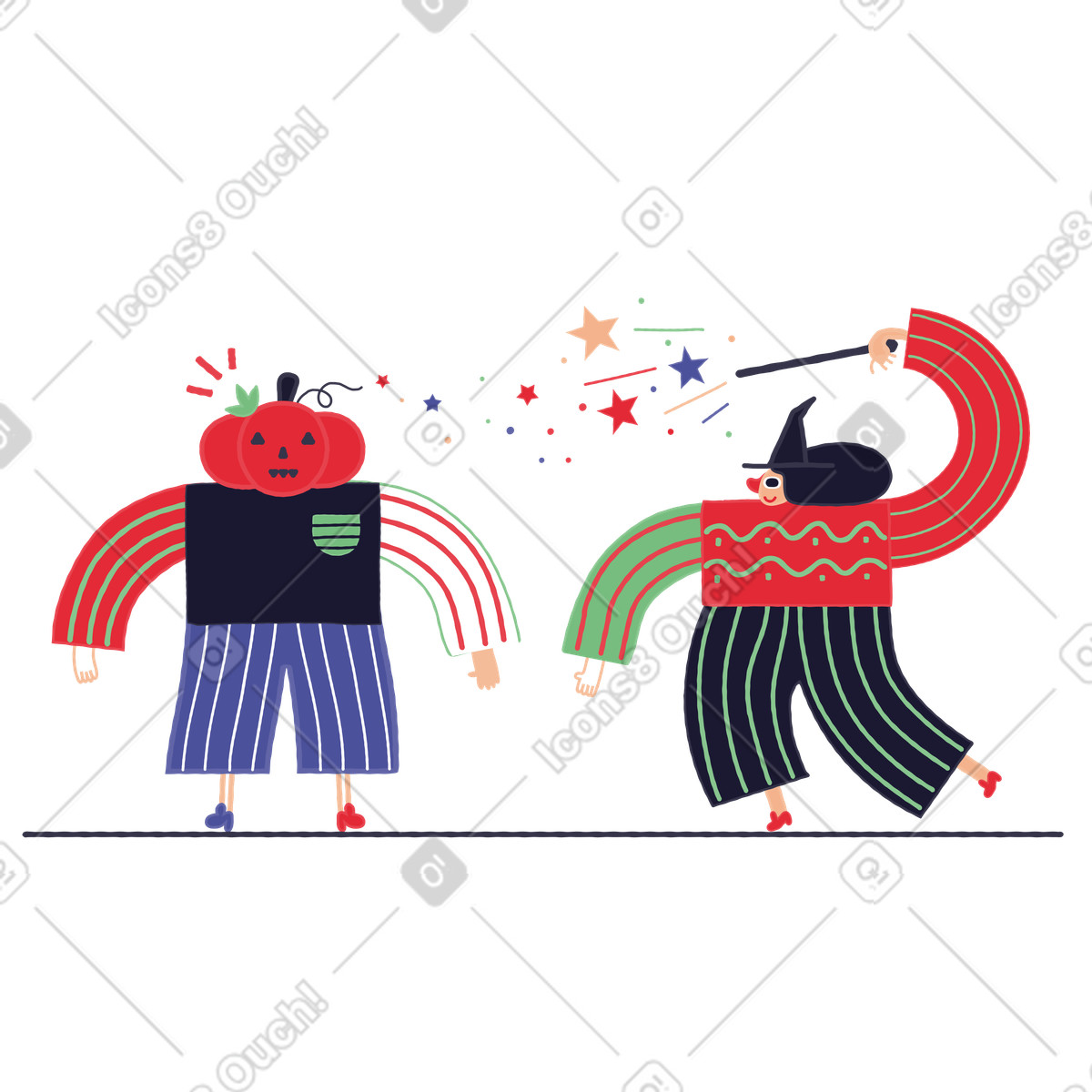 Ilustración Bruja que conjura una calabaza en lugar de cabeza. estilo Stripy a descargar PNG y SVG