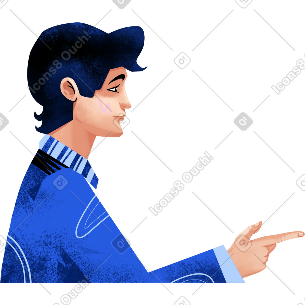 Man in a blue shirt points out illustration Flare style download PNG, SVG