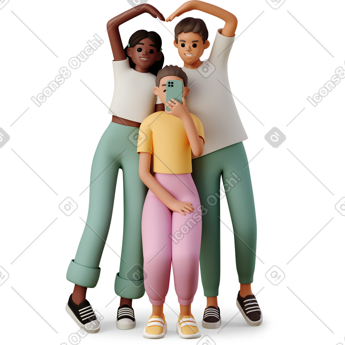 下载 3D Casual life 风格的 Friends taking selfie with smartphone, social media sharing and memories 插画，支持 PNG、SVG 格式