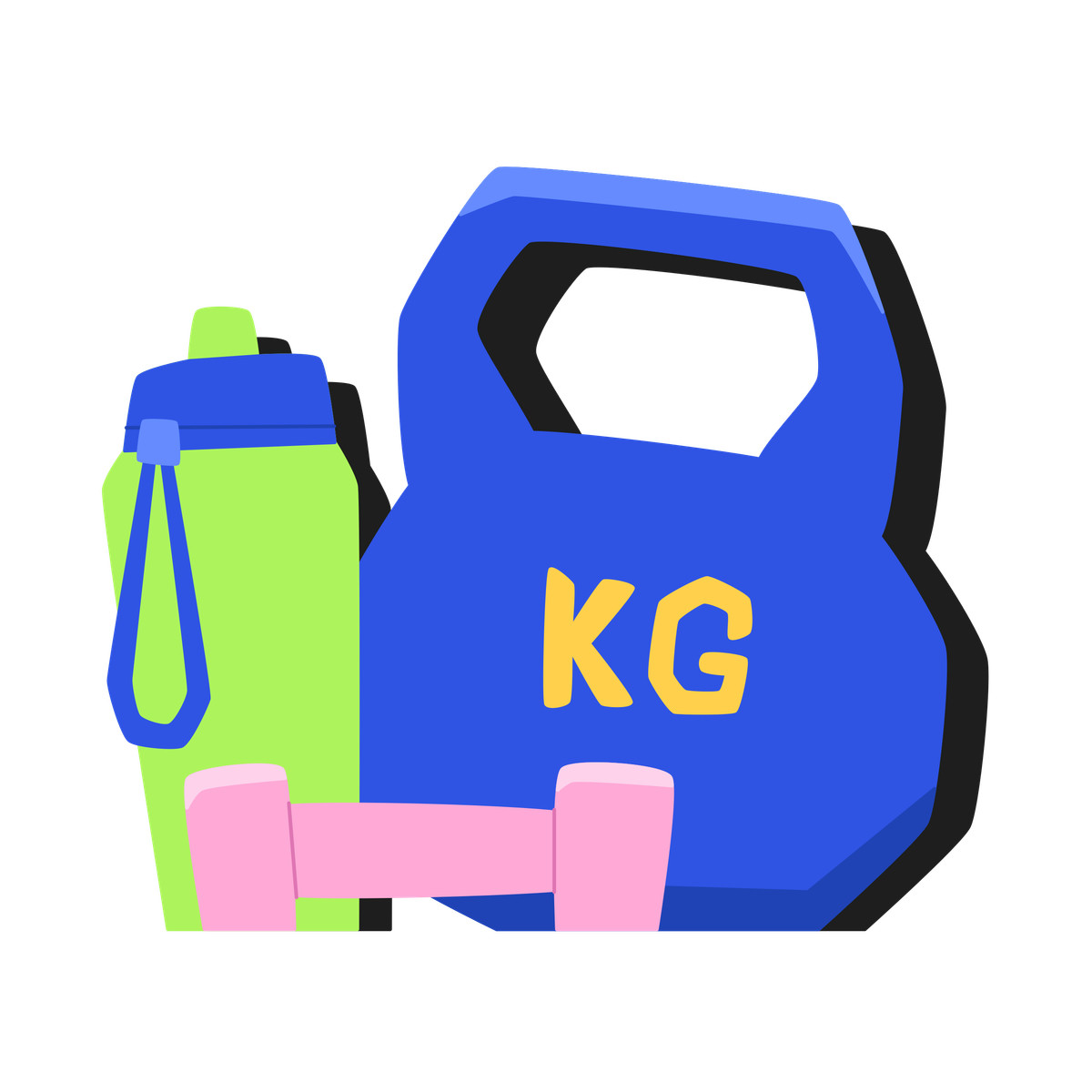 Bouncy スタイルの Kettlebell, dumbbell and water bottle のアニメーションイラストをGIF、Lottie (JSON)、AEでダウンロード