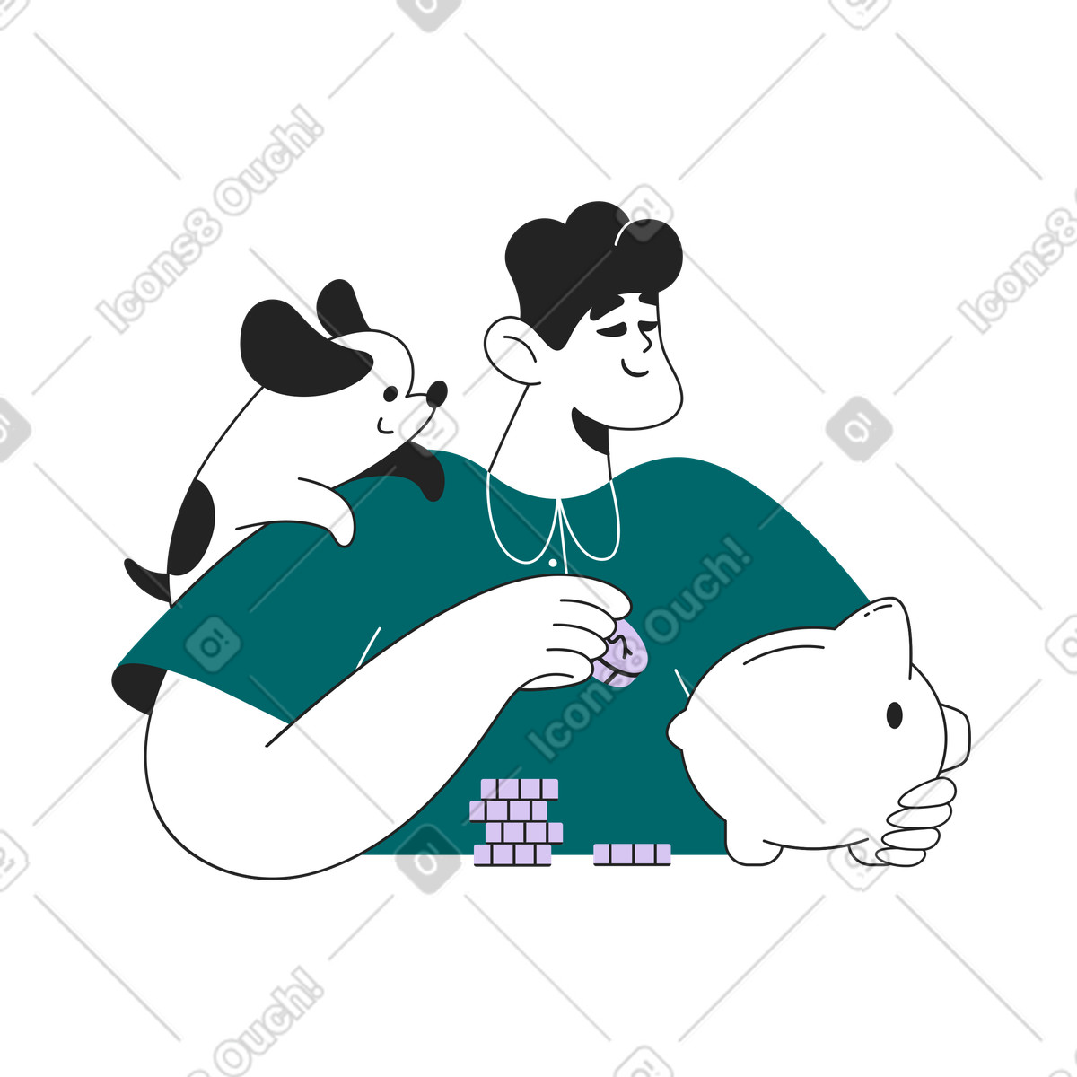 Guy getta dei penny in un salvadanaio illustrazione stile Sammy Line scarica PNG, SVG