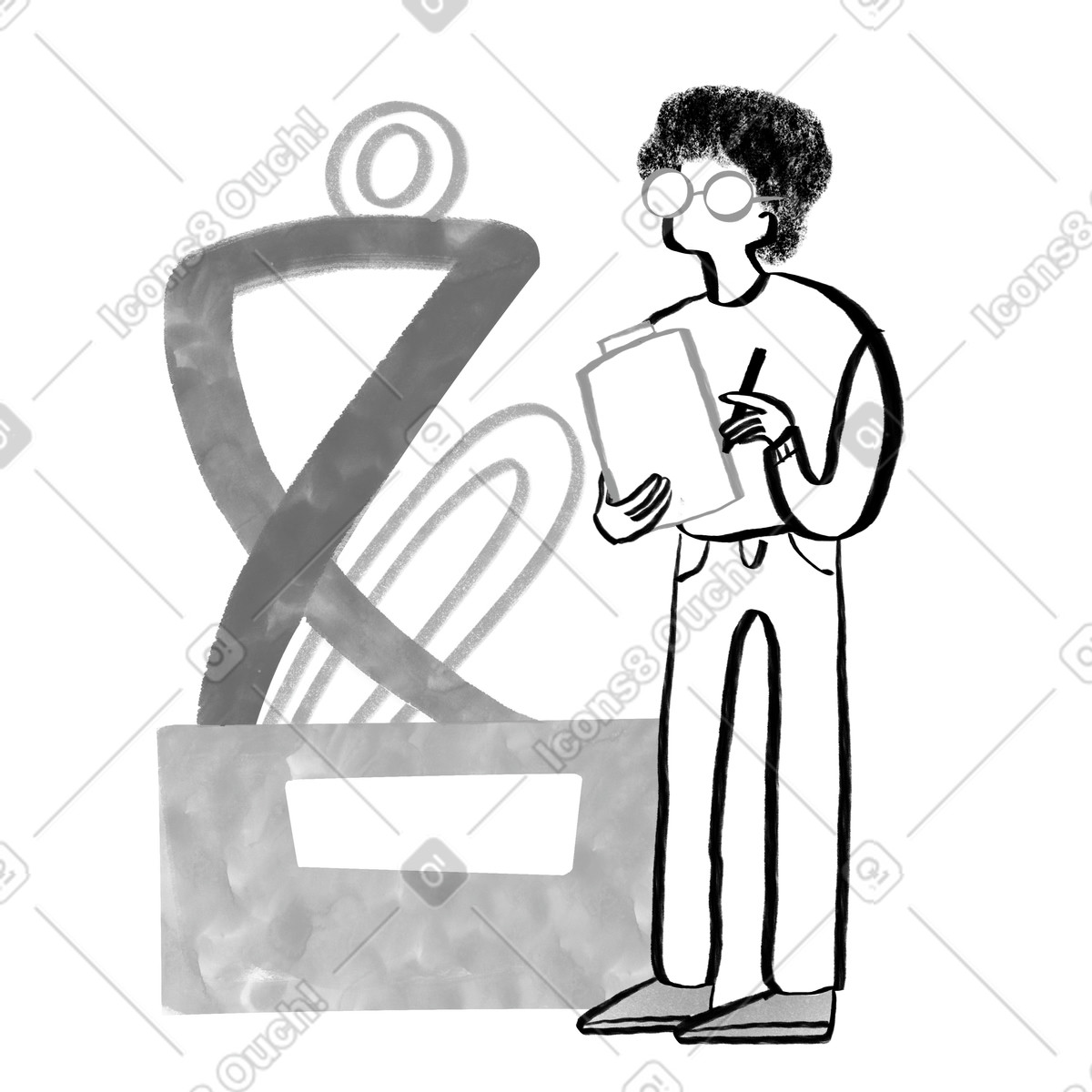 Illustration Étudiant en art noir et blanc regardant une statue abstraite dans le style Company à télécharger aux formats PNG, SVG
