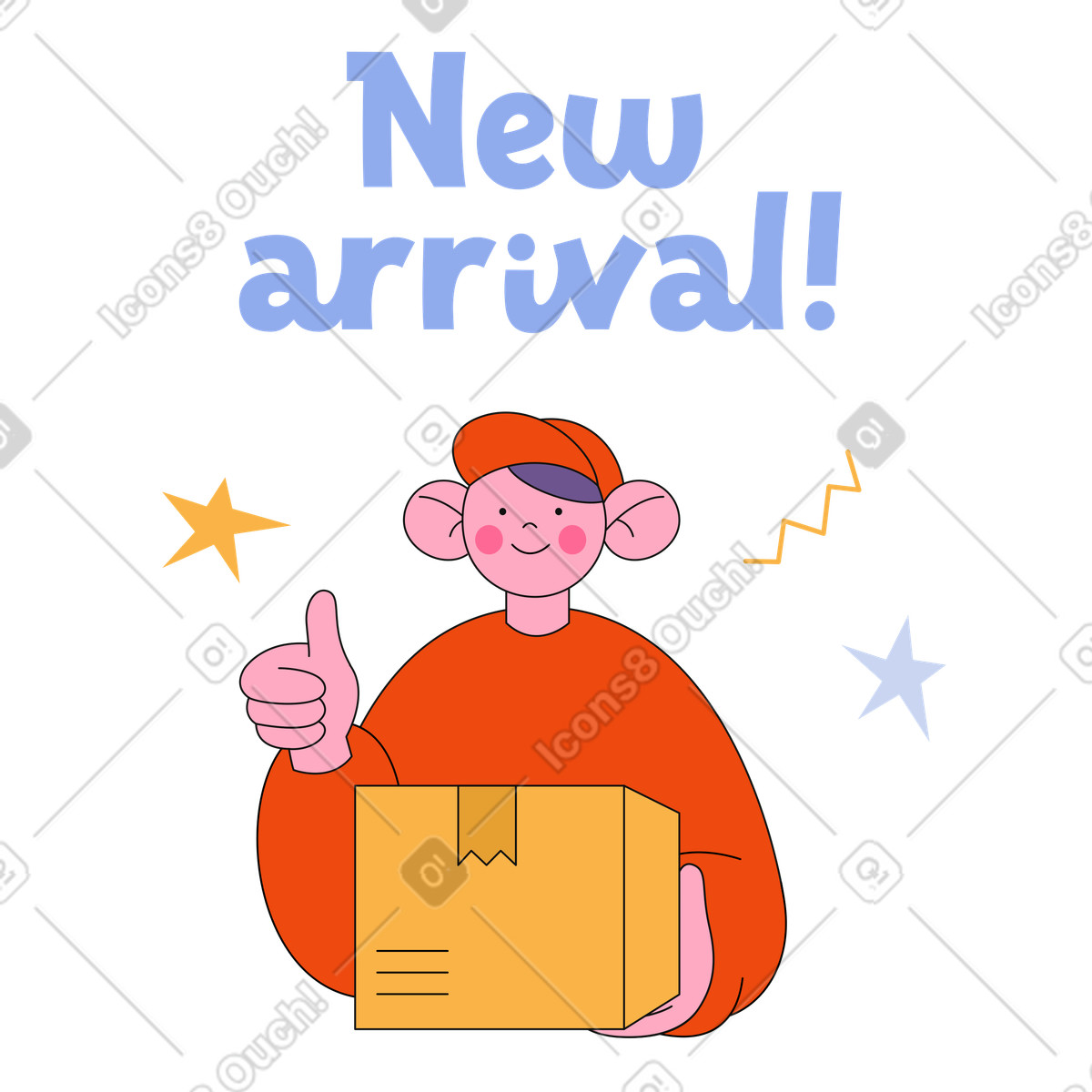 Illustration Lettrage nouvel arrivage et un livreur dans le style Bloom à télécharger aux formats PNG, SVG