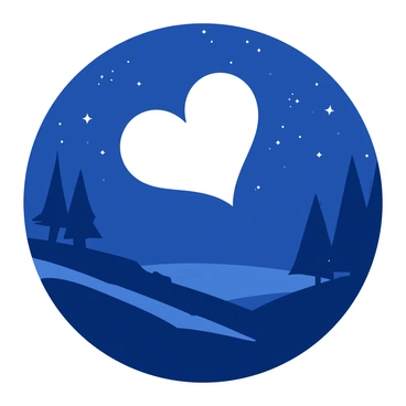 A dark blue night sky is filled with twinkling stars and features a large, glowing heart-shaped moon at its center. The moon emits a soft white light that illuminates the landscape below. Silhouettes of trees can be seen against the moonlight, casting long shadows on the ground. In the foreground, there is a gentle rolling hill that reflects the moon's glow, creating a serene and romantic atmosphere.