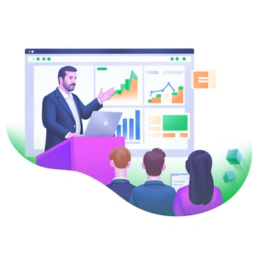 A modern pastel illustration depicting a speaker standing confidently at a podium. The speaker is a middle-aged man with short, dark hair, wearing a tailored suit. He gestures towards a large screen behind him that displays colorful charts and graphs. The charts show upward trends, and the graphs feature vibrant colors such as blue, green, and orange. On the podium, there is a sleek laptop open, showing additional data. The audience is visible in the foreground, attentively listening, with diverse individuals seated in rows. Bright light from above highlights the speaker and the visual aids, emphasizing clarity in communication.