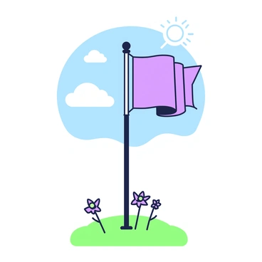 An illustration features a state flag prominently displayed on a tall flagpole. The flag is flapping gently in the wind, showcasing its design. The flagpole is secured in a grassy area, with a clear view of blue skies above. Small clouds are scattered throughout the sky, and the sun is shining brightly, casting shadows on the ground beneath the flagpole. In the foreground, a few flowers are blooming, adding detail to the scene.