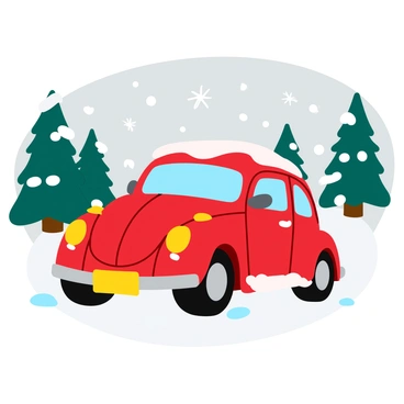 A bright red Beetle car parked in a snowy winter landscape, covered in delicate white snowflakes. The car's rounded shape stands out against the white ground. Soft, fluffy snow blankets the rooftops and hoods of nearby trees, creating a serene winter scene. In the background, tall evergreen trees are dusted with snow, and gentle snowflakes fall from the gray sky above. The overall atmosphere is one of a peaceful winter day.